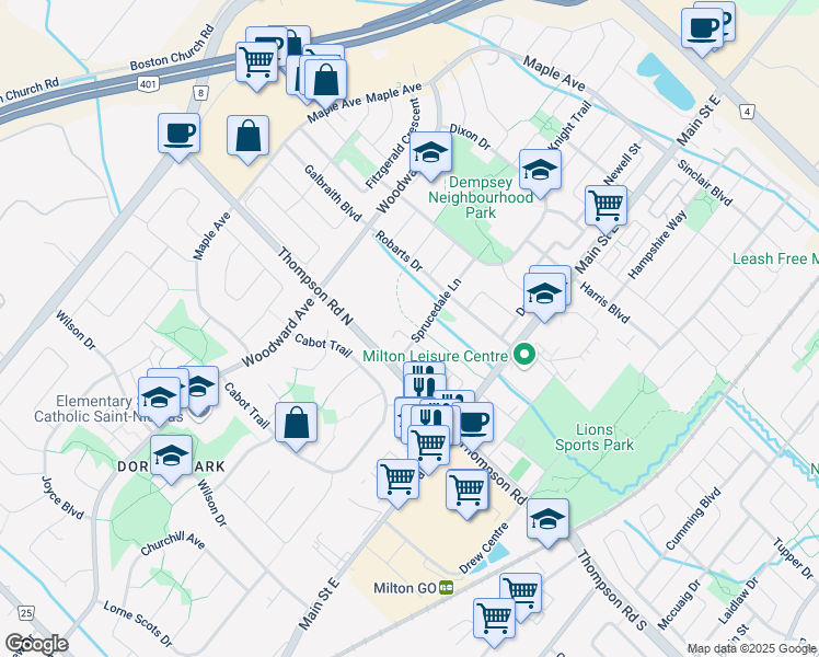 map of restaurants, bars, coffee shops, grocery stores, and more near 83 Dewar Court in Milton