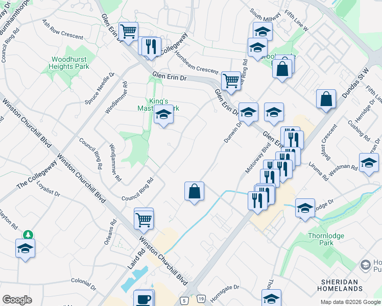 map of restaurants, bars, coffee shops, grocery stores, and more near 2498 Mainroyal Street in Mississauga