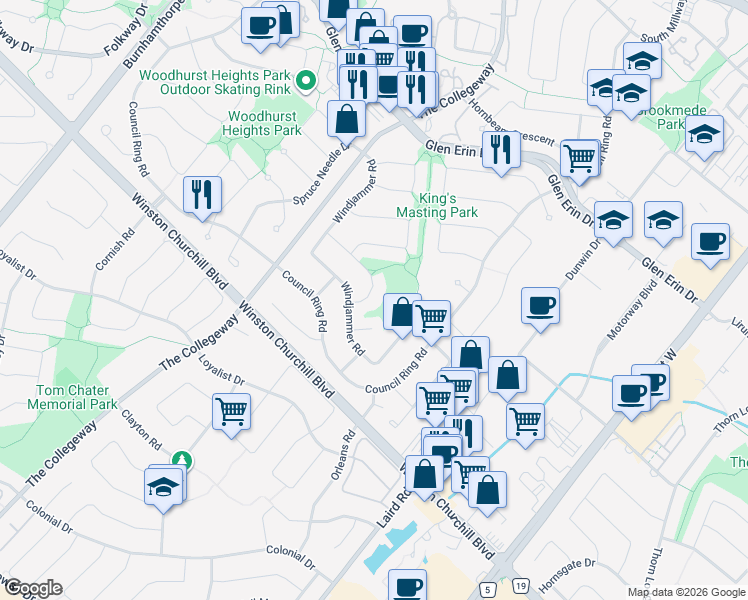 map of restaurants, bars, coffee shops, grocery stores, and more near 3301 Tallmast Crescent in Mississauga