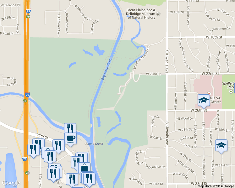 map of restaurants, bars, coffee shops, grocery stores, and more near 1499 S Westward Ho Pl in Sioux Falls