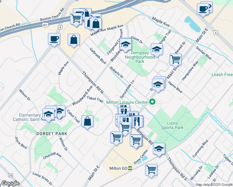 map of restaurants, bars, coffee shops, grocery stores, and more near 83 Dewar Court in Milton