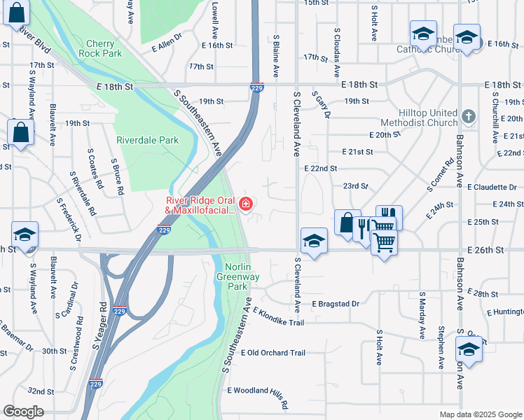 map of restaurants, bars, coffee shops, grocery stores, and more near 1651 South Cleveland Avenue in Sioux Falls