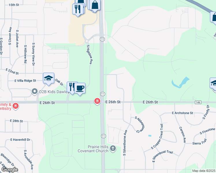 map of restaurants, bars, coffee shops, grocery stores, and more near 1600 South Powder House Road in Sioux Falls