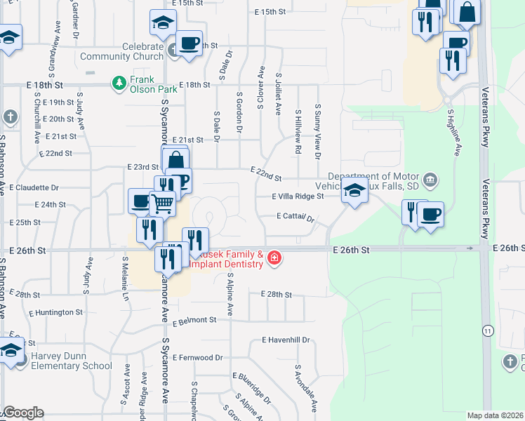 map of restaurants, bars, coffee shops, grocery stores, and more near 4701 E Cynthia Dr in Sioux Falls