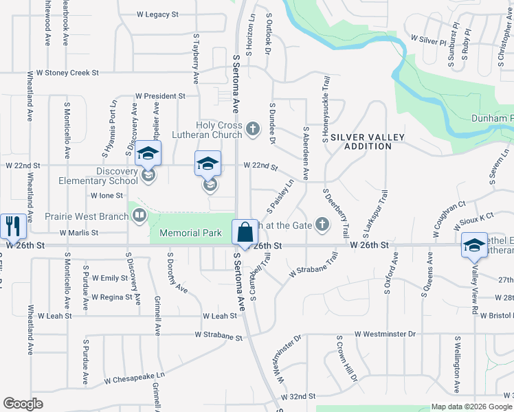 map of restaurants, bars, coffee shops, grocery stores, and more near 1608 South Campbell Trail in Sioux Falls