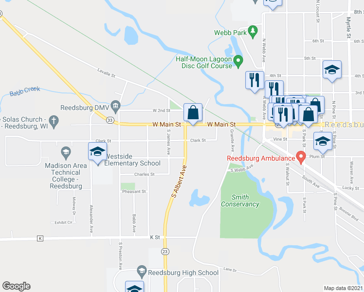 map of restaurants, bars, coffee shops, grocery stores, and more near 212 South Albert Avenue in Reedsburg