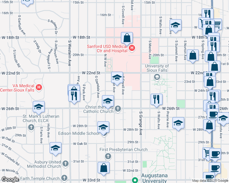 map of restaurants, bars, coffee shops, grocery stores, and more near 1610 South Lake Avenue in Sioux Falls