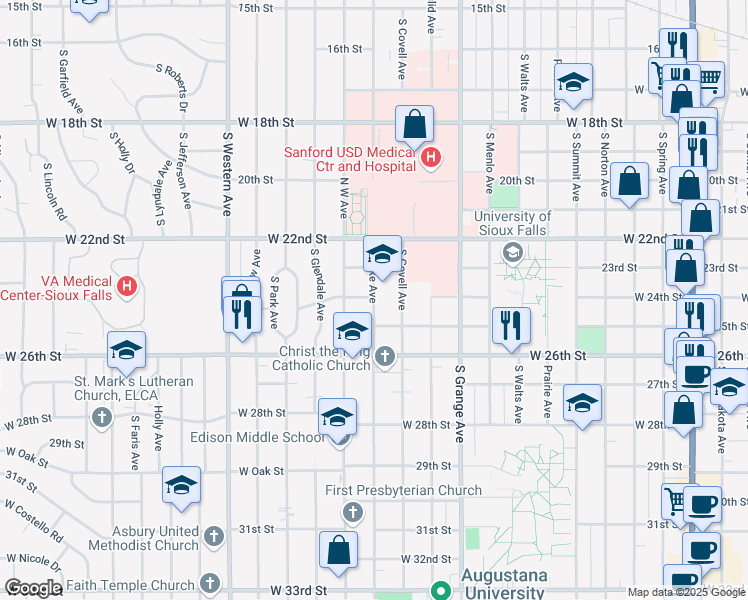 map of restaurants, bars, coffee shops, grocery stores, and more near 1610 South Lake Avenue in Sioux Falls