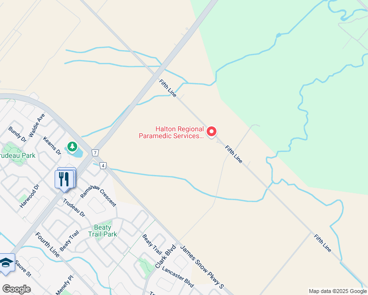 map of restaurants, bars, coffee shops, grocery stores, and more near 6670 Fifth Line in Milton
