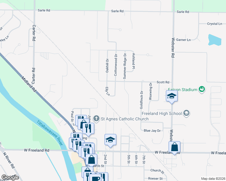 map of restaurants, bars, coffee shops, grocery stores, and more near 8470 Cottonwood Drive in Freeland