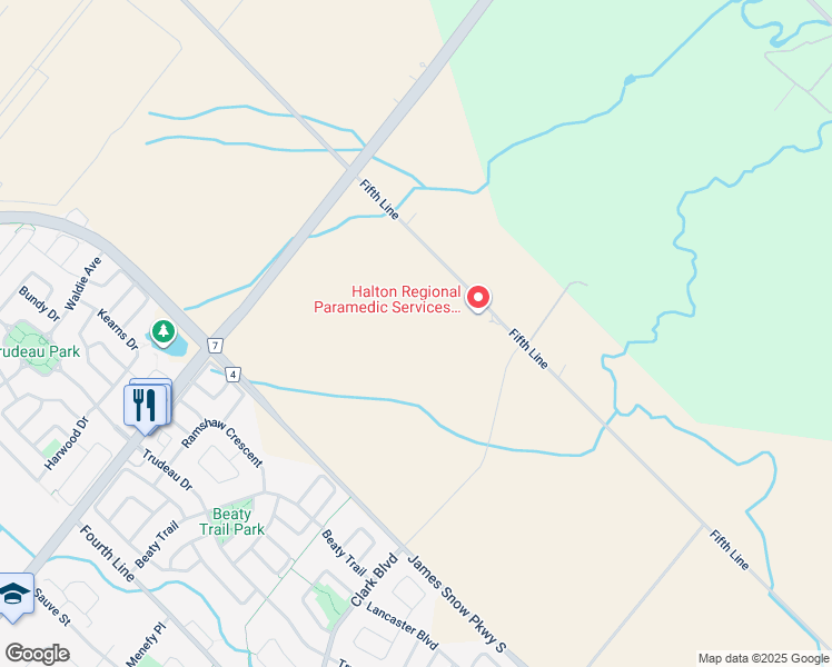 map of restaurants, bars, coffee shops, grocery stores, and more near 6670 Fifth Line in Milton
