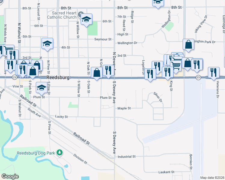 map of restaurants, bars, coffee shops, grocery stores, and more near 132 South Dewey Avenue in Reedsburg