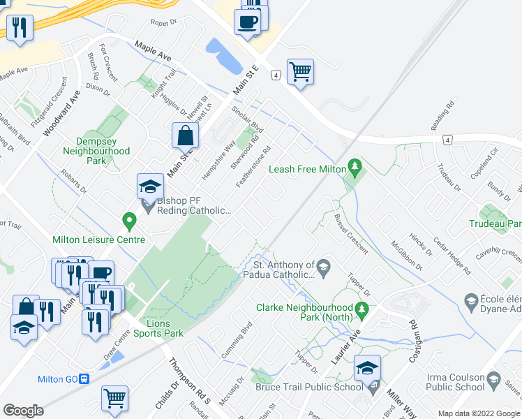 map of restaurants, bars, coffee shops, grocery stores, and more near 1305 Cartmer Way in Milton