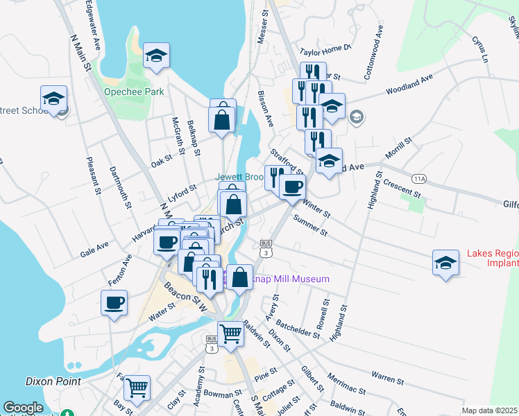map of restaurants, bars, coffee shops, grocery stores, and more near 124 Church Street in Laconia