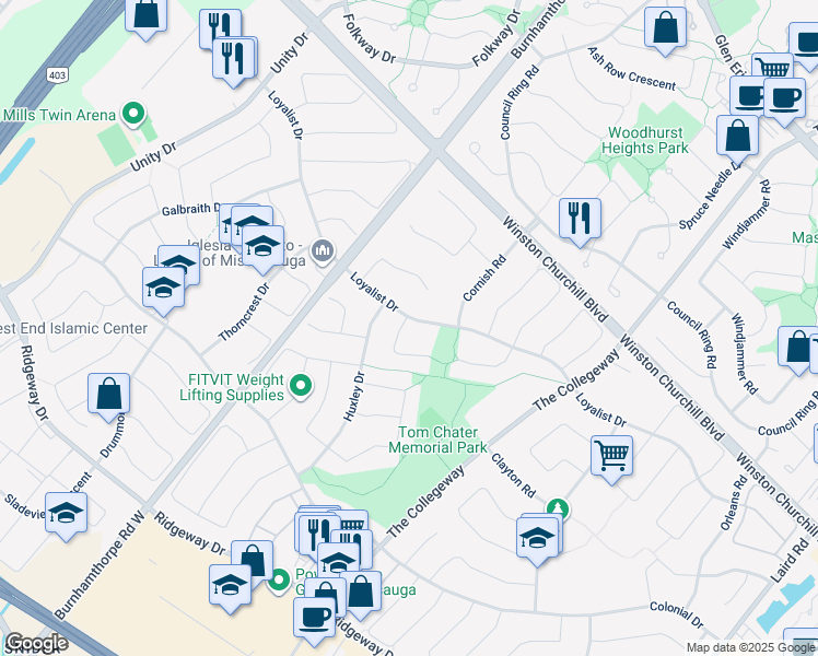 map of restaurants, bars, coffee shops, grocery stores, and more near 3647 Loyalist Drive in Mississauga