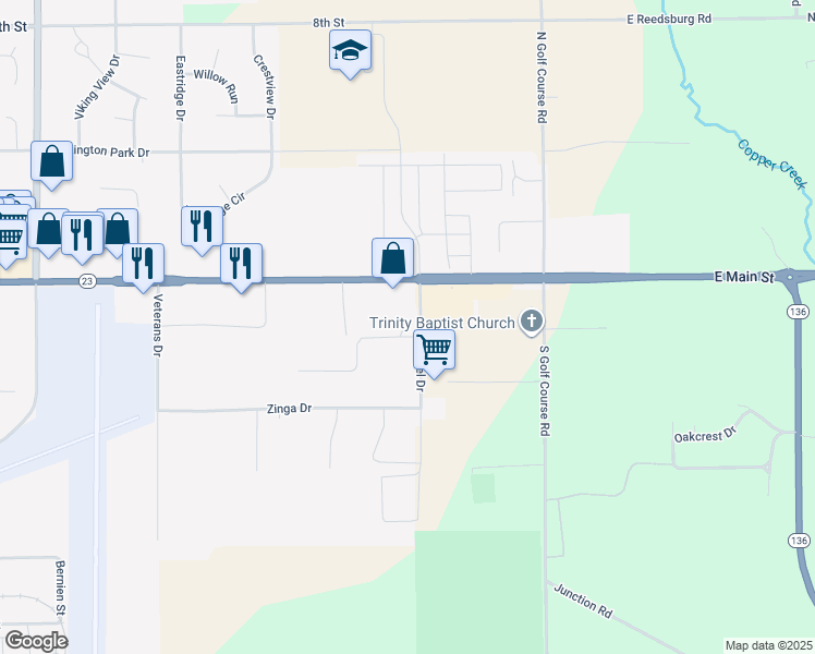 map of restaurants, bars, coffee shops, grocery stores, and more near 2575 Cady Drive in Reedsburg