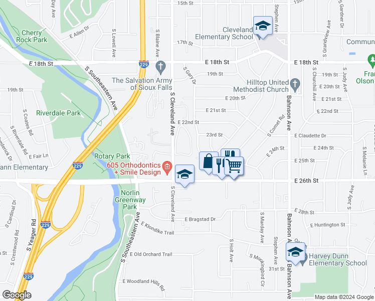 map of restaurants, bars, coffee shops, grocery stores, and more near 1609 South Rock Creek Drive in Sioux Falls