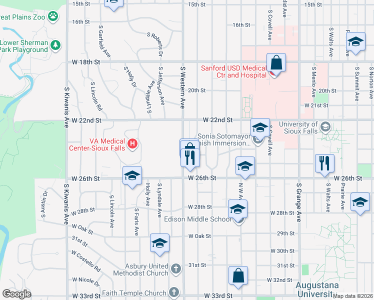 map of restaurants, bars, coffee shops, grocery stores, and more near 1508 South Western Avenue in Sioux Falls