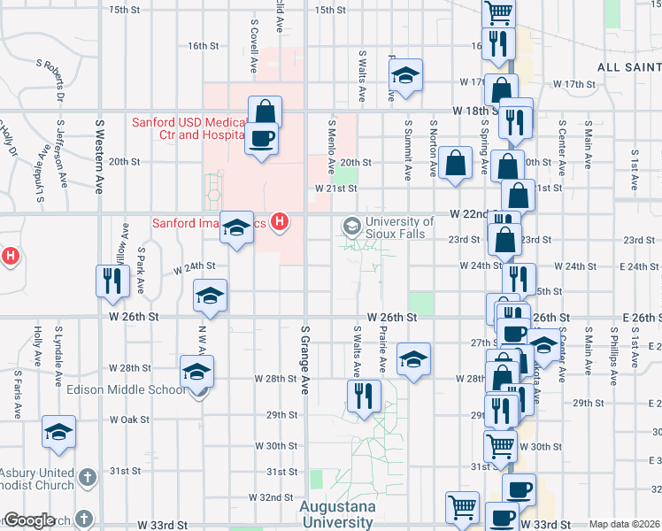 map of restaurants, bars, coffee shops, grocery stores, and more near 1200 West 24th Street in Sioux Falls