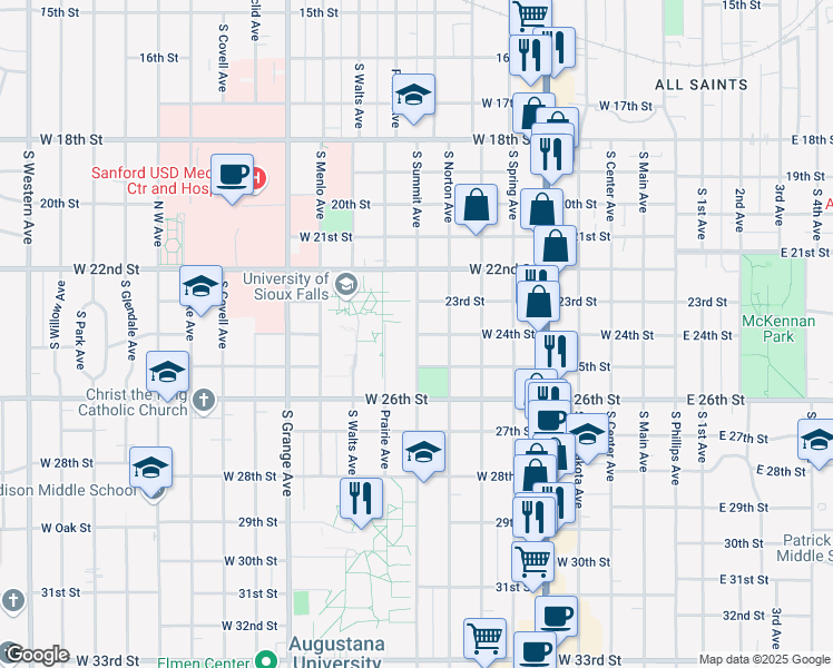 map of restaurants, bars, coffee shops, grocery stores, and more near 1599 South Summit Avenue in Sioux Falls