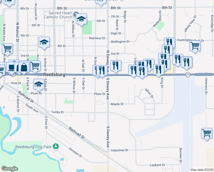 map of restaurants, bars, coffee shops, grocery stores, and more near 205 South Dewey Avenue in Reedsburg