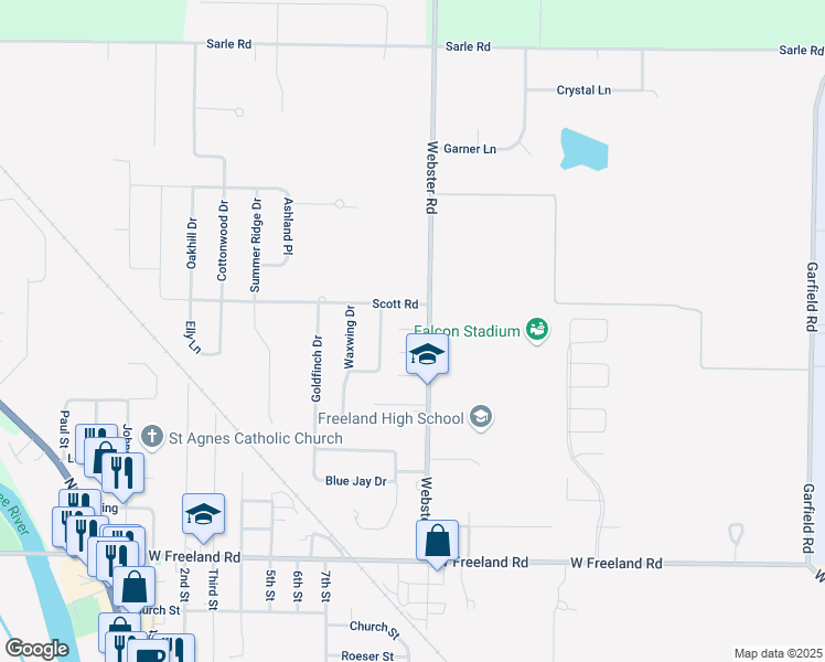 map of restaurants, bars, coffee shops, grocery stores, and more near 8457 Webster Road in Freeland
