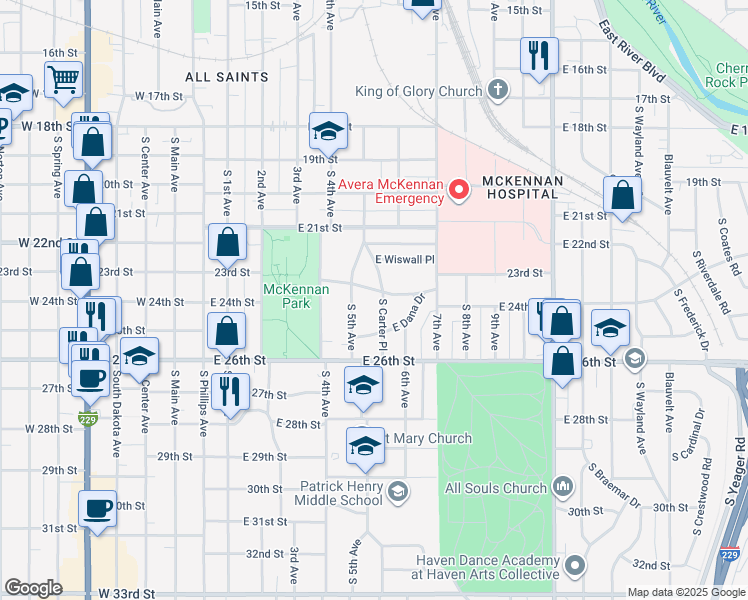 map of restaurants, bars, coffee shops, grocery stores, and more near 700-722 E Park Dr in Sioux Falls