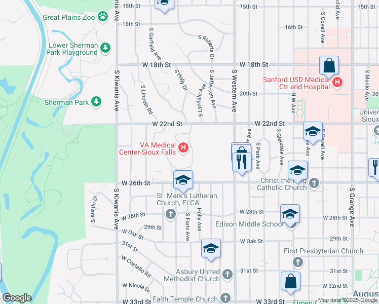 map of restaurants, bars, coffee shops, grocery stores, and more near 2501 West 22nd Street in Sioux Falls