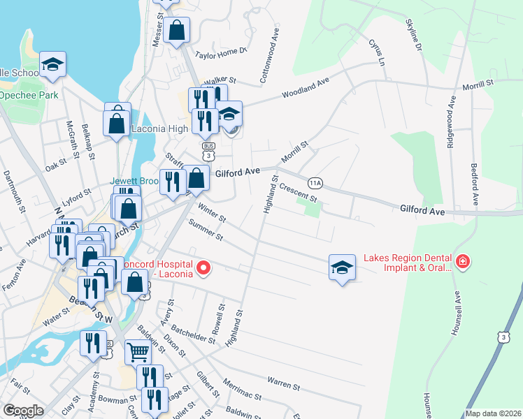 map of restaurants, bars, coffee shops, grocery stores, and more near 37 Girard Street in Laconia