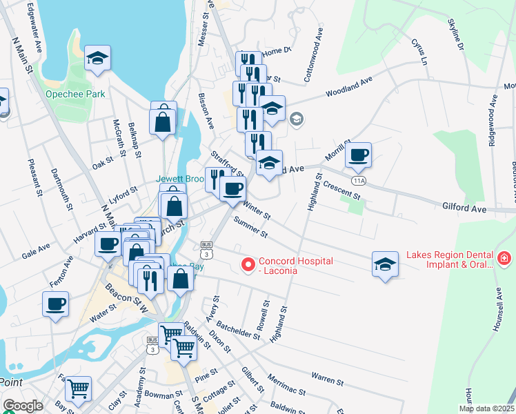 map of restaurants, bars, coffee shops, grocery stores, and more near 24 Winter Street in Laconia