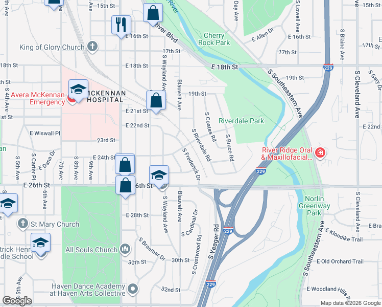 map of restaurants, bars, coffee shops, grocery stores, and more near 1501-1599 South Riverdale Road in Sioux Falls