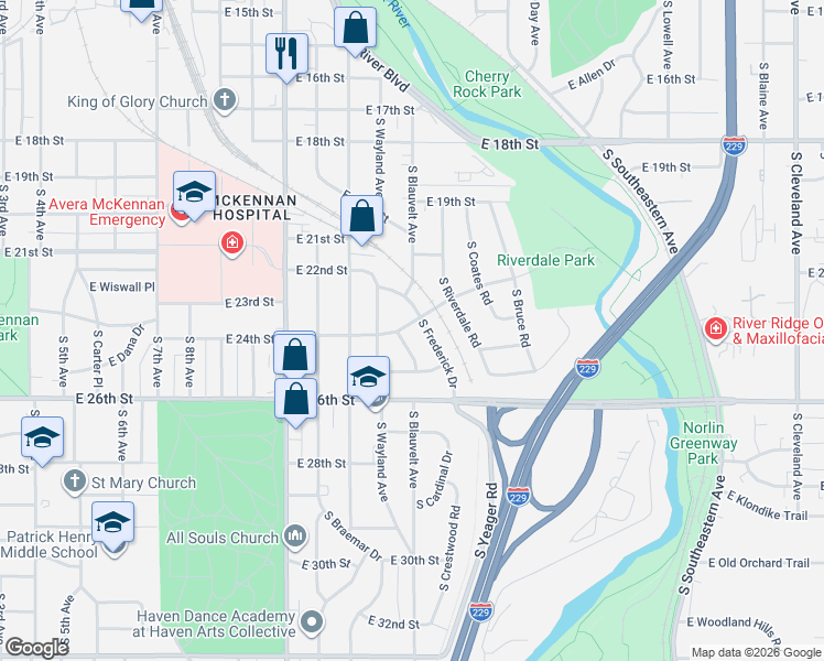 map of restaurants, bars, coffee shops, grocery stores, and more near 1512-1516 East 24th Street in Sioux Falls