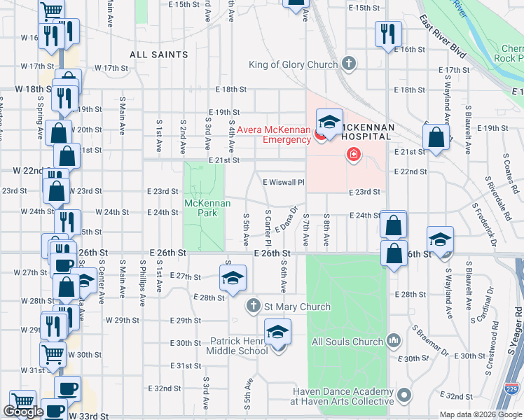 map of restaurants, bars, coffee shops, grocery stores, and more near 700-722 E Park Dr in Sioux Falls