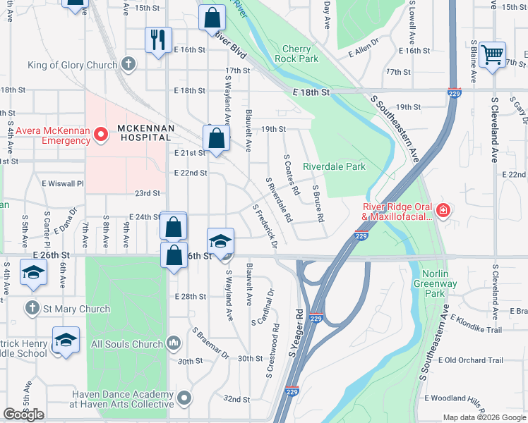 map of restaurants, bars, coffee shops, grocery stores, and more near 1501-1599 South Riverdale Road in Sioux Falls