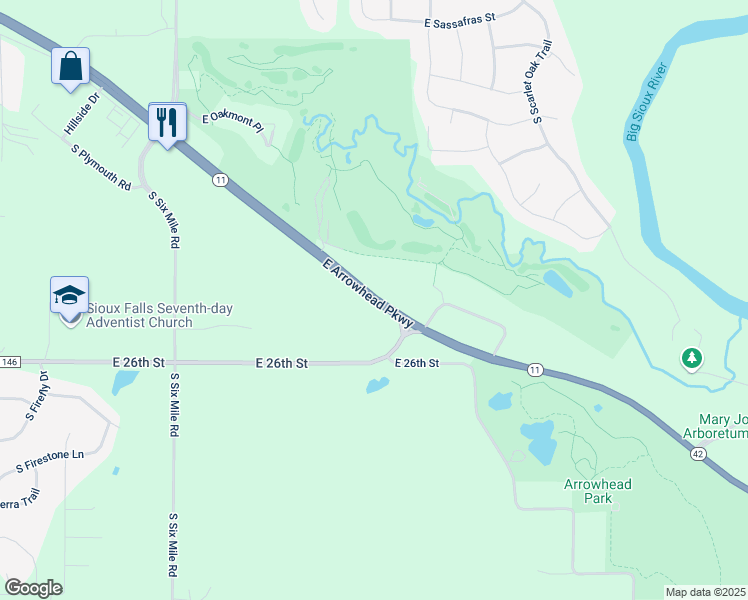 map of restaurants, bars, coffee shops, grocery stores, and more near South Dakota 11 in Sioux Falls
