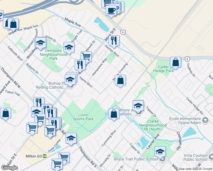map of restaurants, bars, coffee shops, grocery stores, and more near 1251 Weller Crossing in Milton