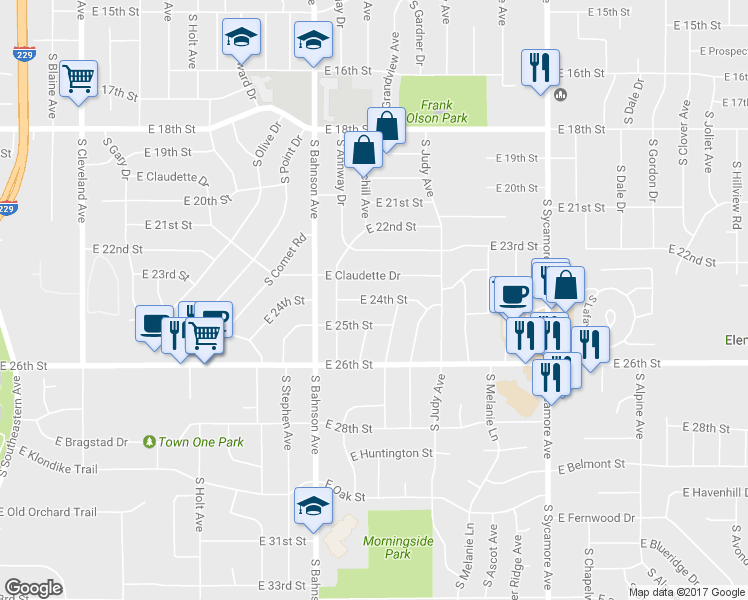 map of restaurants, bars, coffee shops, grocery stores, and more near 3913 East 24th Street in Sioux Falls