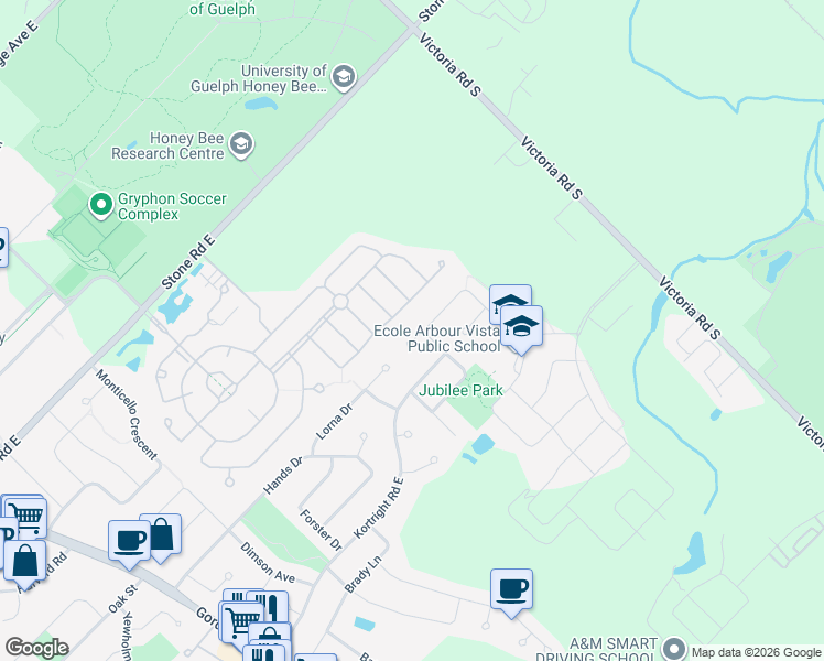 map of restaurants, bars, coffee shops, grocery stores, and more near 8 Zaduk Place in Guelph