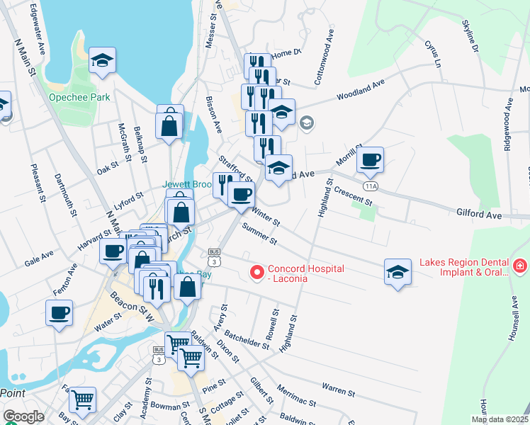map of restaurants, bars, coffee shops, grocery stores, and more near 24 Winter Street in Laconia