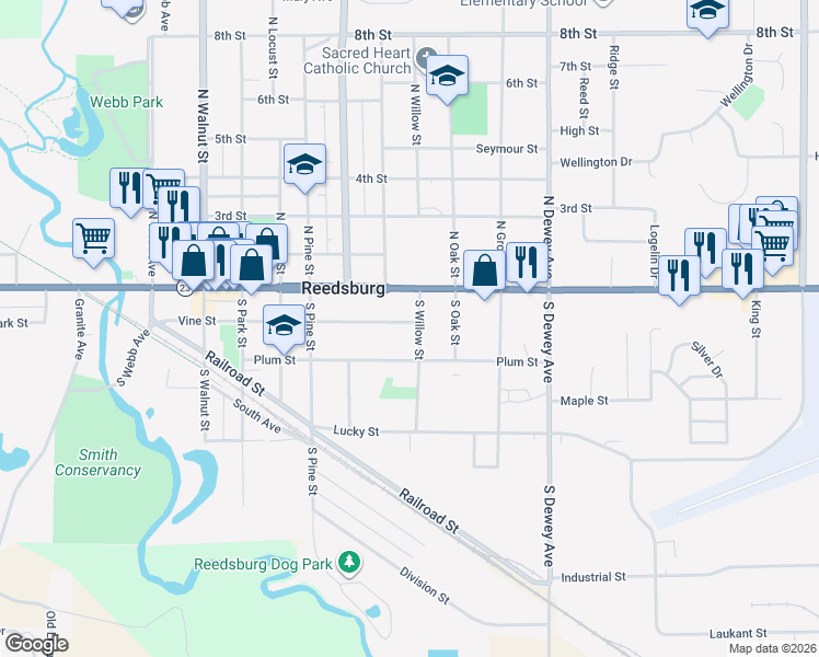 map of restaurants, bars, coffee shops, grocery stores, and more near 200 South Willow Street in Reedsburg