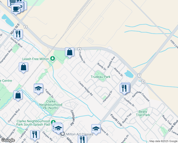 map of restaurants, bars, coffee shops, grocery stores, and more near 338 Baverstock Crescent in Milton