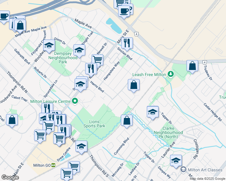 map of restaurants, bars, coffee shops, grocery stores, and more near Livingston Road in Milton