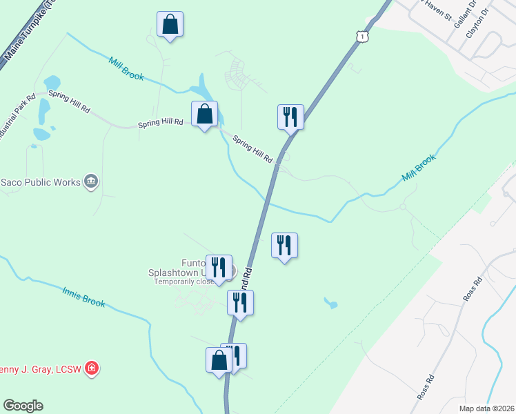 map of restaurants, bars, coffee shops, grocery stores, and more near 800 Portland Road in Saco