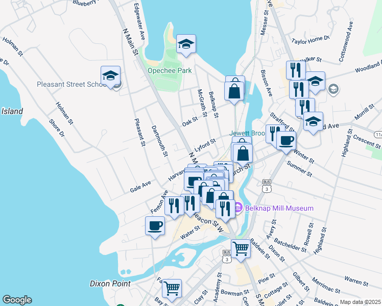 map of restaurants, bars, coffee shops, grocery stores, and more near 762 N Main St in Laconia