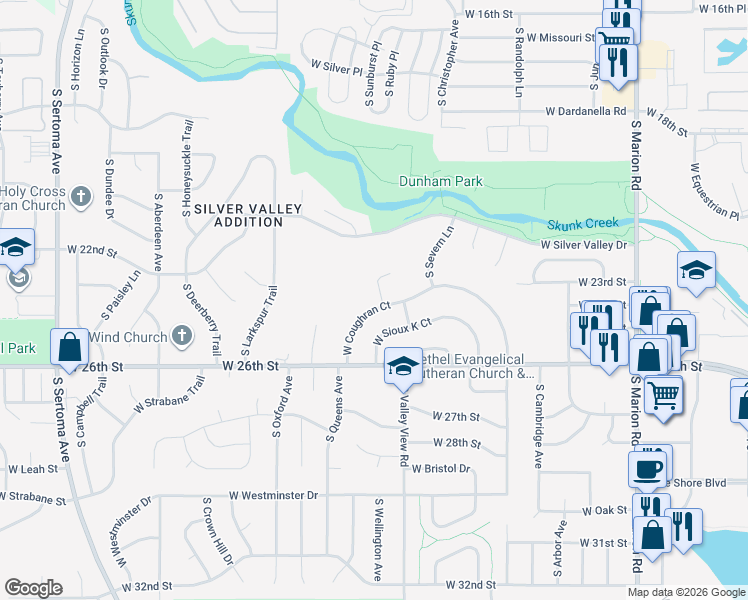 map of restaurants, bars, coffee shops, grocery stores, and more near 1517 South Raymond Circle in Sioux Falls