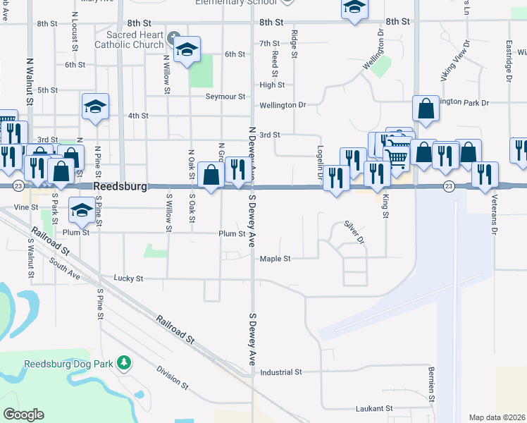 map of restaurants, bars, coffee shops, grocery stores, and more near 205 South Dewey Avenue in Reedsburg