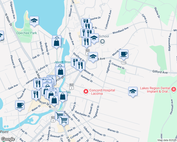 map of restaurants, bars, coffee shops, grocery stores, and more near 24 Winter Street in Laconia