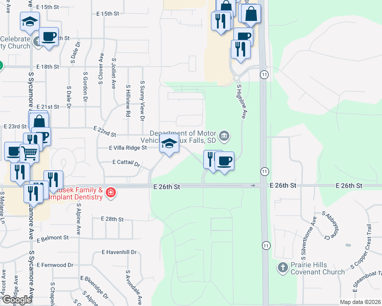 map of restaurants, bars, coffee shops, grocery stores, and more near 5701 East Red Oak Drive in Sioux Falls