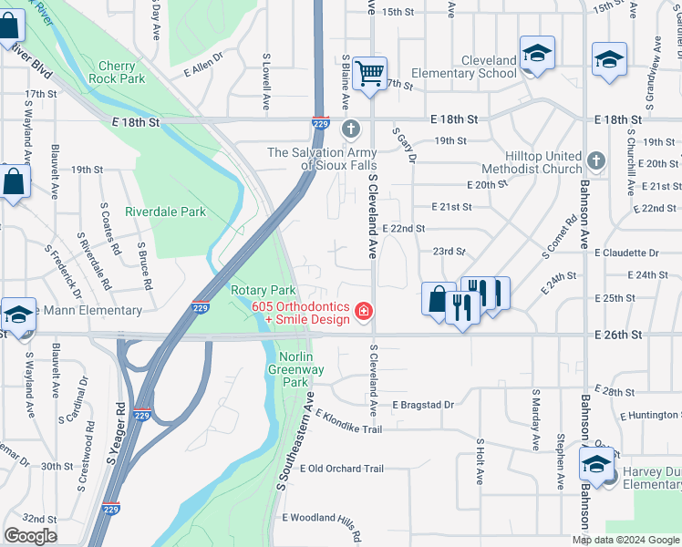 map of restaurants, bars, coffee shops, grocery stores, and more near 1651 South Cleveland Avenue in Sioux Falls
