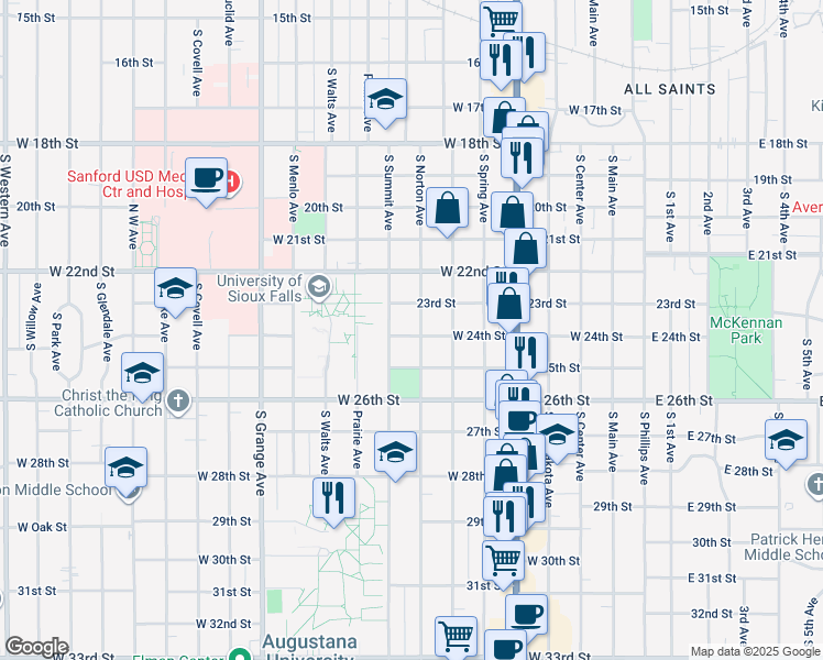 map of restaurants, bars, coffee shops, grocery stores, and more near 1524 South Norton Avenue in Sioux Falls